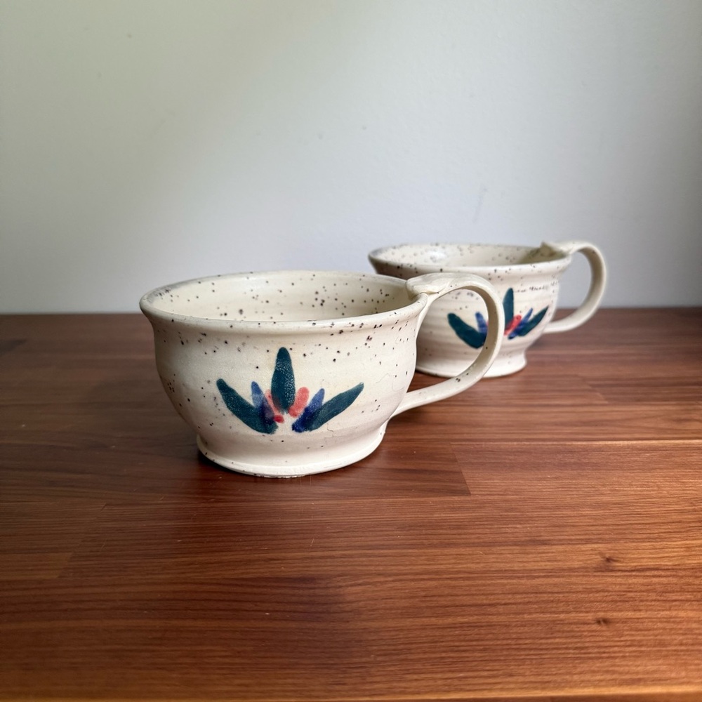 Vintage Studio Pottery Soup Mugs Set of 2 in Off White Speckled Glaze
